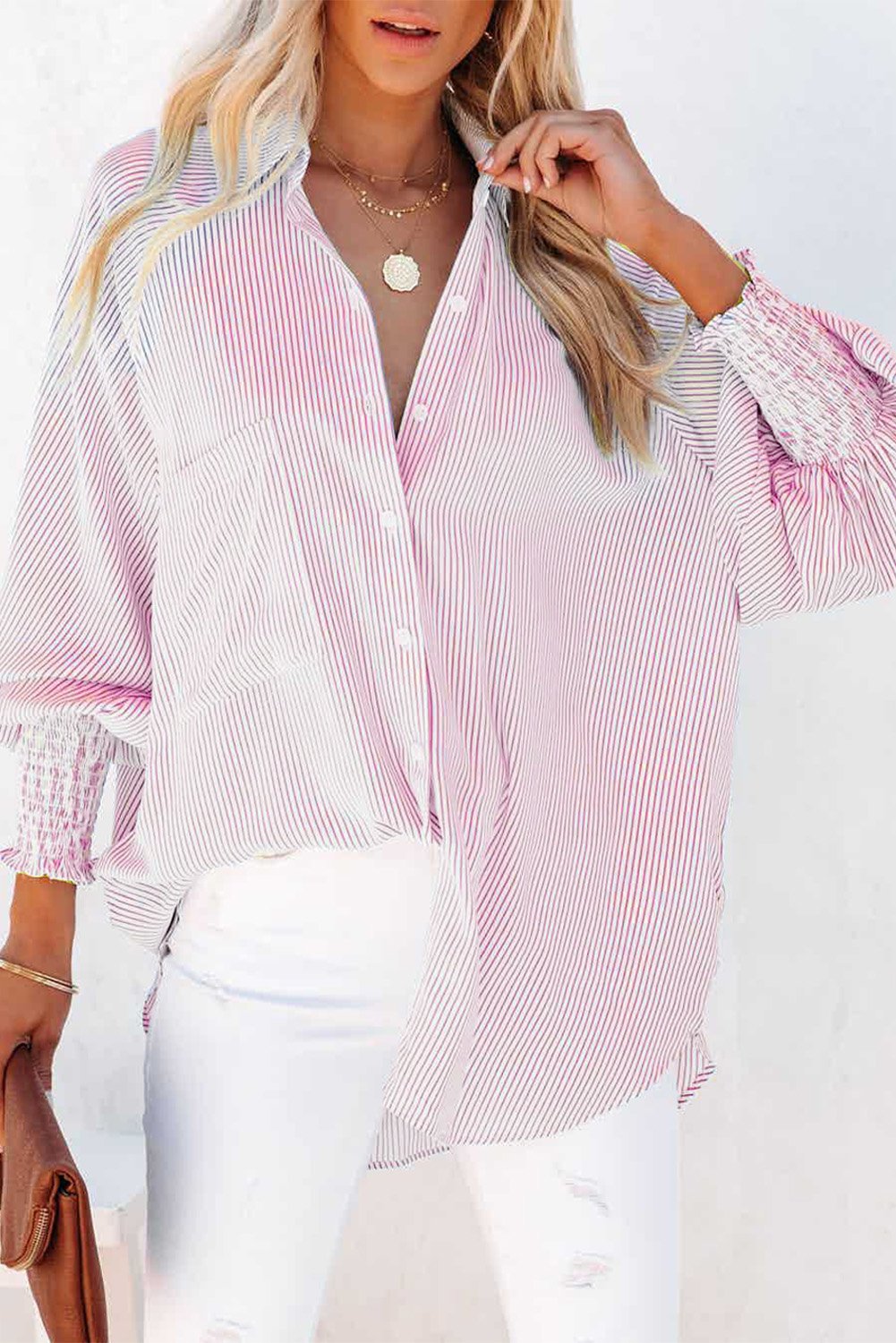 ✨This Week's Special Price $13.98💥Mid-length smocked shirt with striped lapel and oversized drawdown sleeves