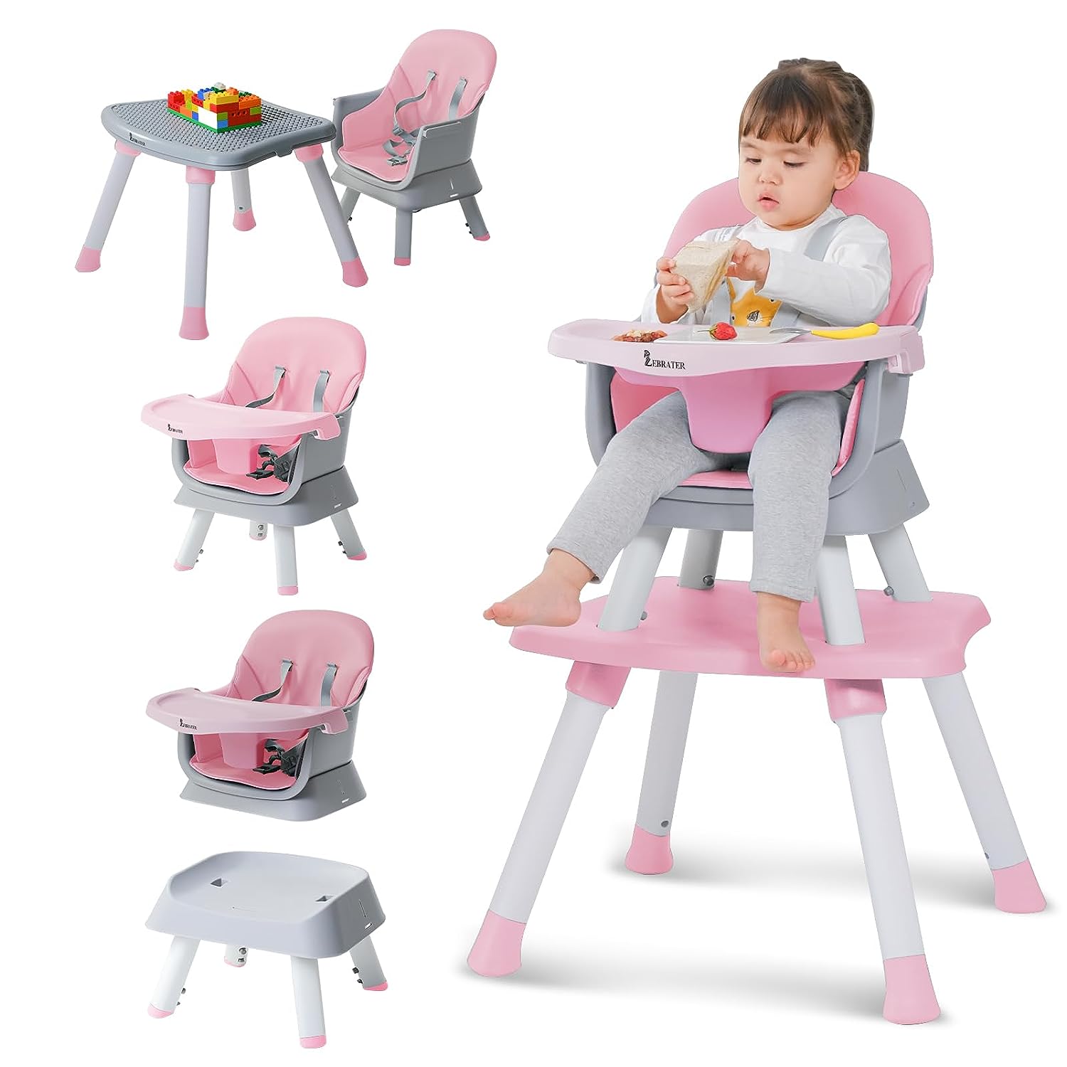 8 in 1 Convertible High Chairs for Babies and Toddlers, Kids Learning Table,Building Block Table,Kids Stool Table Chair Set with Removable Tray